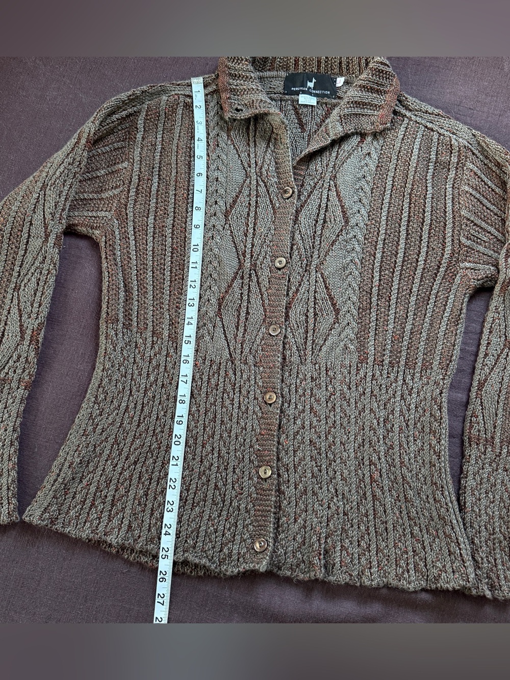 Vintage Peruvian Connection Cableknit Baby Alpaca Wool Silk Knit Cardigan L - Picture 9 of 12